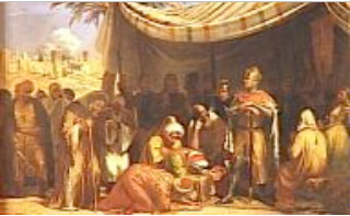 Baldwin III, King of Jerusalem, receiving a delegation of notables to negotiate the surrender of lthe city of Ascalon, before its surrender on 19 August 1153